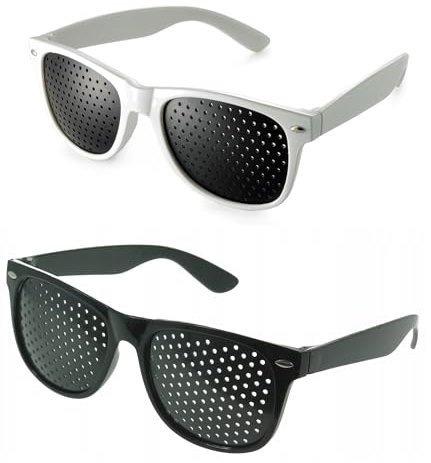 2 Pezzi Occhiali Stenopeici Certificati, Occhiali Forati per Allenare la Vista, Occhiali a Griglia a Foro Stenopeico Pinhole Glasses Buco con fori Stenopeici per la Cura della Vista (Nero, Bianco)
