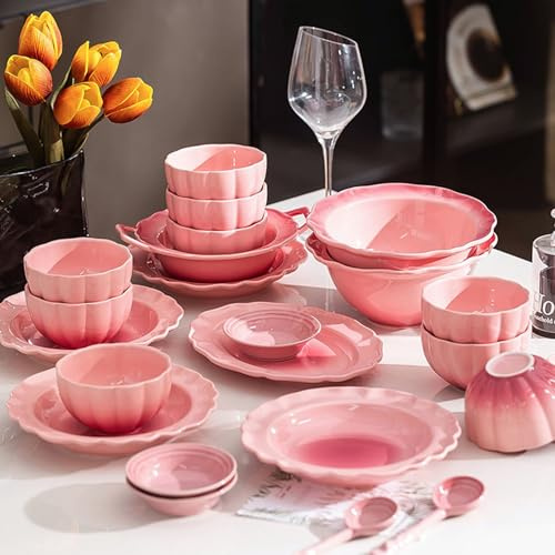 Tafelservice Rosa Geschirrset Im Vintage Look Steingut Service Tellerset 6 Personen Spülmaschinenfest, Essgeschirr Kombiservice Set Mit Speiseteller Dessertteller Suppenteller Und Schalen(20pcs)