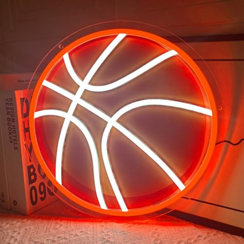 Basketball Neon Schild Dimmbare LED Sport Neon Sign für Wand Deko | USB Betriebene UV-Druck Sport-Thema Neon Licht für Schlafzimmer Zubehör Bar Pub Club Mann Höhle Party Geschenk 32 x 32 cm