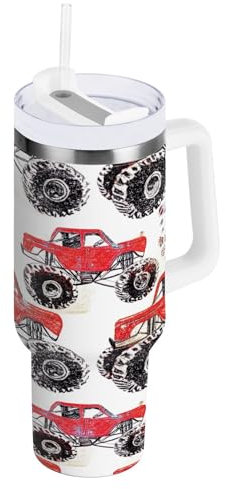 RPLIFE Monster Trucks White 40 Oz Tumbler, Stainless Steel Cups with Lid, Travel Coffee Tumbler