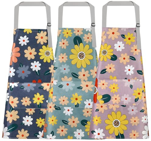 Foatcox 3-Stück Wasserdicht Küchenschürzen, Verstellbar Schürze für Damen Herren, Schürzen mit Taschen, Apron zum Backen, Gärtnern, Hausarbeit, Grillen (Kaffee, Rosa, Grün)