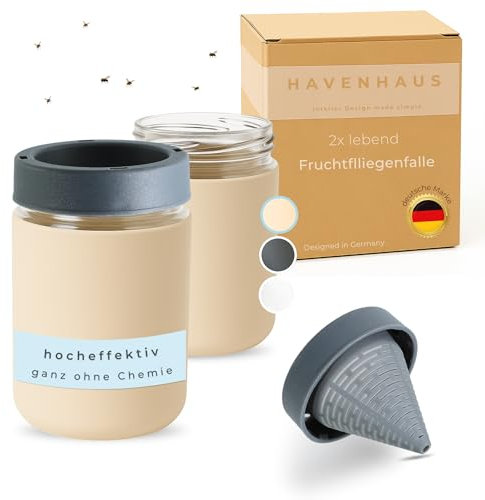 HAVENHAUS Fruchtfliegenfalle beige wiederverwendbar 2er Set | Obstfliegenfalle für Küche | Fruchtfliegen dauerhaft loswerden | Fruit Fly Trap | Lebendfalle Fliegenfalle gegen Fruchtfliegen