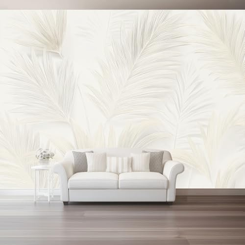 Papier Peint Panoramique 400 X 280 Cm Papier Peint Intissé Décoration Murale Texture Des Feuilles De Palmier Tropicalesmural Décoration Pour Chambre Salon Chambre D'Enfants Blanc Beige