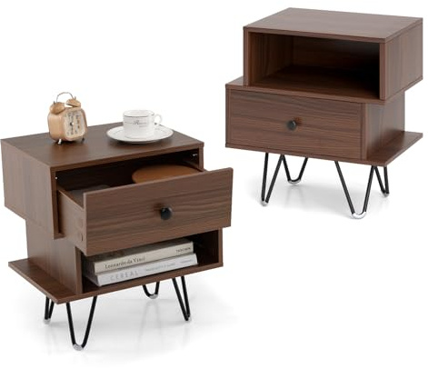 KOMFOTTEU Lot de 2 Tables de Chevet avec 1 Compartiment & 1 Tiroir Amovible, Table de Nuit, Pieds métalliques, Tables d'Appoint en Bois, 39 x 29 x 47 cm, pour Chambre, Salon, Bureau (Noyer)