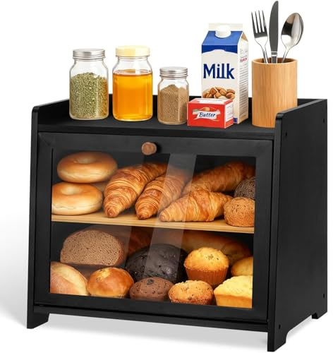Bambus Brotkasten mit Belüftung, Großer Brotaufbewahrungsbehälter, 2 Regale und Sichtfenster, Holz Brotbehälter für Hörnchen, Brötchen, Brotaufbewahrung. 39 x 24 x 33 Brotbox - Selbstmontage,Black