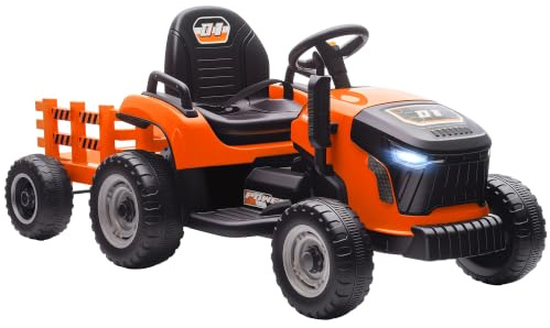 AIYAPLAY Elektrischer Kinder Traktor mit Anhänger 2 Motor 3-5km/h Orange | Aufsitztraktor mit Fernbedienung, 3-Gang Kinder Elektroauto, Musik, Hupe, Startgeräusch, Sanft Start, für 3-8 Jahre
