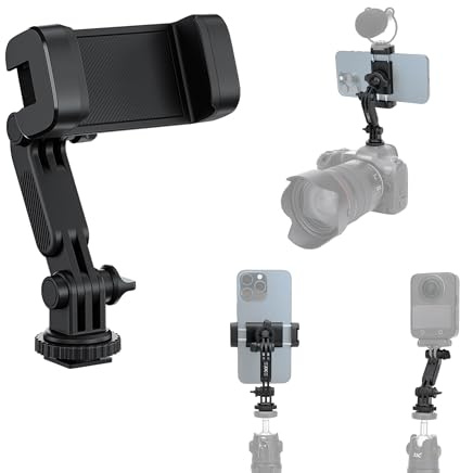 JJC Universal Phone Tripod Mount Holder, Smartphone On Camera Adapter w Cold Shoe Mount for LED Mic, 360° Rotating Phones Stand Compatible with iPhone 17 16 15 14 Galaxy S25 S24 S23