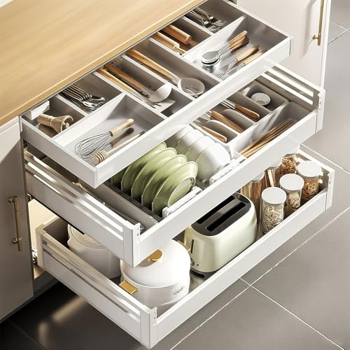 Ausziehbarer Schrank mit 3 Ebenen, robuster Edelstahl-Drahtkorb mit sanft schließenden Schienen für Küche, Speisekammer, Gewürzgläser und Gewürzflaschen