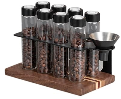 NEWFUN Lote de 8 tubos de granos de café, Recipiente Para Café en Grano con Estante de Madera y Embudo, para Guardar Café en Grano Monodosis, 22 G