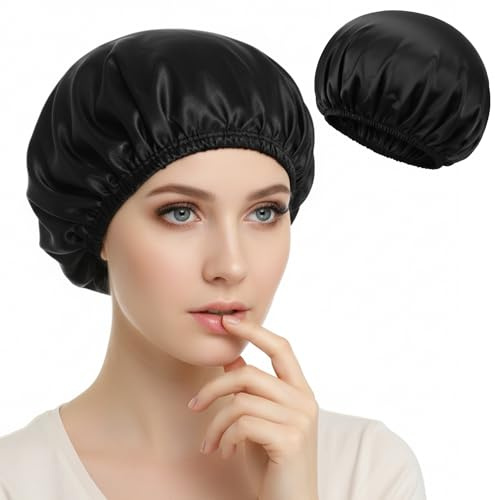 Sibba Shower Cap Elastic Shower Bonnet Caps Bath Hair Wrap Hat Treatment Caps for Women Reusable Waterproof Bathing Cap PEVA Lined for Braids Long Thick Hair Home Spa Travel Accessories (Black)