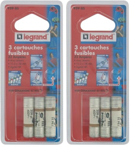 Legrand - Cartouches fusibles pour porte-fusibles - avec témoin - 10,3x38mm - 32A (Lot de 2)