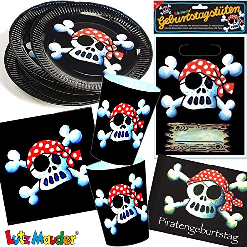 86-teiliges PIRATEN PARTY SET für Kindergeburtstag: Teller, Becher, Servietten, Einladungen, Partytüten, Luftballons | Kinder Seeräuber
