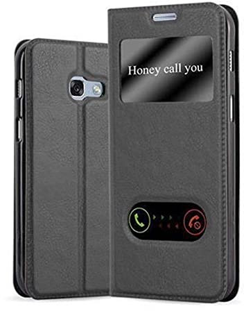 Cadorabo Hülle kompatibel mit Samsung Galaxy A3 2017 in KOMETEN SCHWARZ - Schutzhülle mit Magnetverschluss, Standfunktion und 2 Sichtfenstern