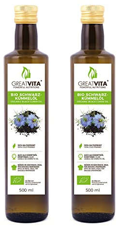 GreatVita Schwarzkümmelöl Bio 1 Liter | 100% rein, vegan, kaltgepresst - Ideal für Küche & Pflege - Aufdruck kann varrieren