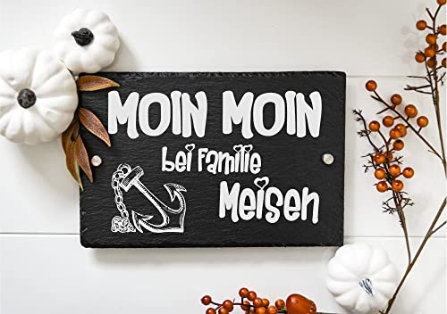 Personalisiertes Hausschild aus Schiefer Moin Moin mit Familiennamen, Türschild mit Gravur 30 x 20 cm, Befestigungsmaterial, Hausschild Familie, Die Geschenke Manufaktur