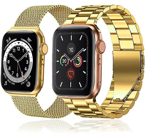 baklon 2 Stuck Armband Kompatibel mit Apple Watch Armband Series SE/SE2/Ultra2/Ultra/10 9 8 7 6 5 4 3 2 1, 42mm(Series 3/2/1)/44mm/45mm/49mm/46mm, Edelstahl Metall Ersatzarmbänder, Gold