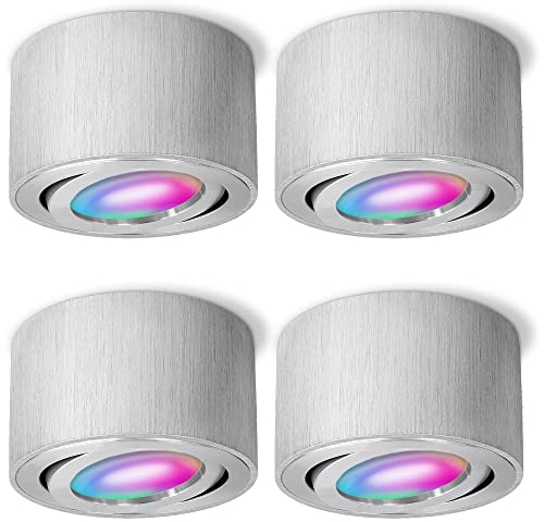 SSC-LUXon 4x CELI-1A Aufbauspot flach schwenkbar gebürstet mit Smart RGB CCT LED Leuchtmittel - WLAN Spot steuerung per App & Sprache