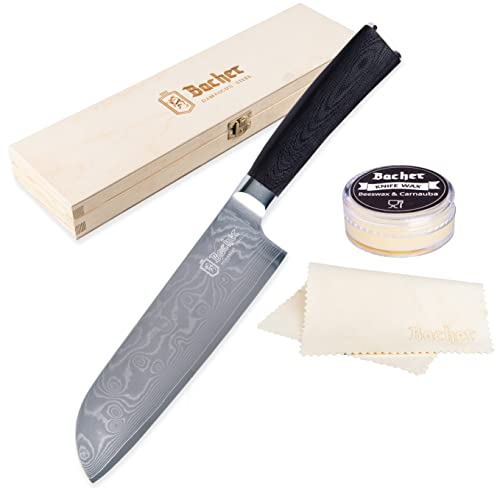 Bacher Santoku Damascus Knife 7 inch - Chef Knife Forged from 67 Layers of AUS10V - Sharp, Premium Kitchen Knife from Japanese Damascus Steel with G10 Handle for Easy Cooking and Chopping