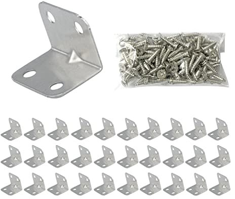 Staffe angolari, 30 pezzi, staffe a L in metallo, ad angolo retto, in acciaio inox, per legno, fissaggio e riparazione per mobili in legno ed esterni, recinzioni, finestre (argento)