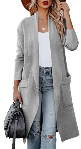 Maavoki Cardigan da Donna, a Maniche Lunghe, Aperto sul Davanti con Tasca, Casual, Lungo, Tinta Unita, Grigio., L