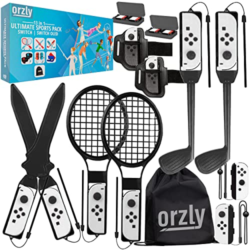 Switch Sports Games 2024 Zubehör-Bundle-Paket für Nintendo Switch und OLED-Tennisschläger, Golfschläger, Chambara-Schwerter, Fußball-Beingurte und Joycon-Griffe-Tragetasche – SOLID BLACK