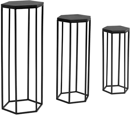 FineBuy Beistelltisch 3er Set Massivholz/Metall Satztisch Sechseckig, Säulentisch Pflanzentisch 3-teilig, Blumenständer Blumentisch Wohnzimmer, Pflanzenhocker Blumenhocker