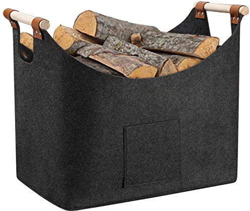 Cesta de Fieltro XL para Leña de Chimenea, Bolsa de Almacenamiento Grande Plegable para Compras Madera Periódicos Juguetes Ropa, 55x42x30cm, Gris Oscuro