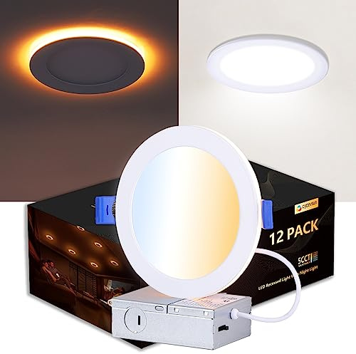 CycevSun 12 Pack 6 Inch LED Recessed Lighting with Night Light - Canless Ultra Thin Wafer Downlight Soffit Pot, Dimmable & 5 Color Temperature Selectable, 12W, ETL & Energy Star