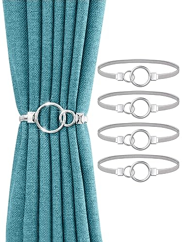 Sinofort 4 Pièces Embrasse pour Rideaux,Couleur Argent Porte Rideaux élasticité en Alliage Réglable,Boucles Rideau avec Corde Ressort,Boucles Rideau avec Corde Ressort,Cercle Créatif