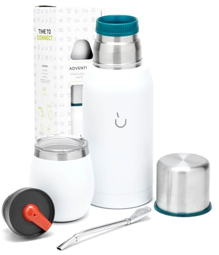 Kit Mate Argentino de 6 piezas - Incluye Mate de acero con Tapa, Bombilla y Termo Mate con 2 Tapones Pico Cebador - Facil de Lavar, Apto Lavavajillas. (Blanco)