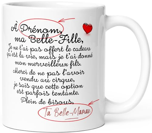 Mug Belle-Fille Personnalisable Tasse Message Bru Humour Drôle Personnalisé Prénom. Idée Cadeau Original Femme du Mari Fille Pour Anniversaire Noël Fête. Céramique 325ml.