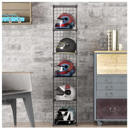 Motorcycle Helmet Rack Stand Hat Display Cabinet, Stackable Caps Holder Hat Organizer Box Shoe Bag Shelf, Metal Bike Helmet Holder Cube Wire Grid Storage Bins, Garment Racks Bookcase Hard Hat Holder