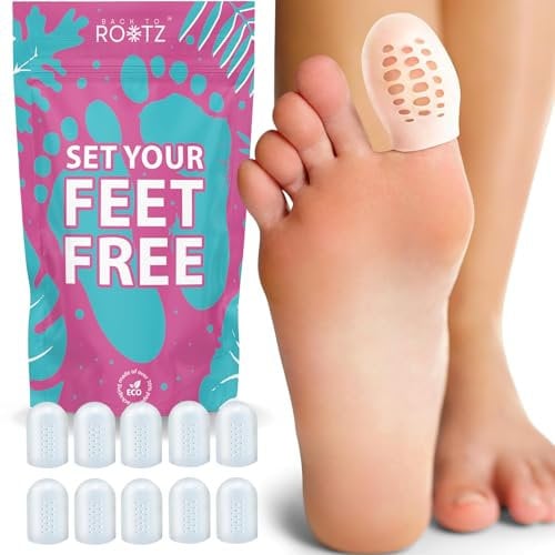 Proteggi alluce dei piedi BACK TO ROOTZ 10 pezzi in silicone elastico. Protezione da Calli, Vesciche ed Escoriazioni (10 Pezzi, Colore Bianco con Fori))