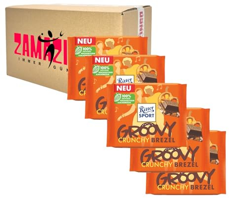 Ritter Sport Groovy Crunchy Brezel Tafel 100g | Vollmilchschokolade mit Brezel-Stückchen und Cornflakes Limited Edition | Rainforest Alliance Zertifiziert (5er Pack, Crunchy Brezel)