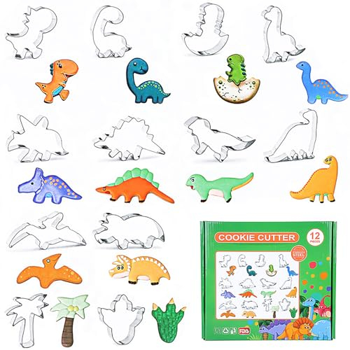 RoseFlower Emporte Piece Patisserie, 12 Pièces Formes de Dinosaures Patisserie Biscuit Moule, Acier Inoxydable Moule à Biscuits, pour Biscuits, Fondant, Décoration de Gâteaux(#1)