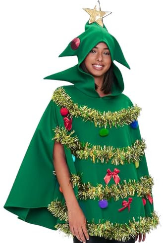 Generico Costume da albero di Natale Costume da albero di Natale da donna, con fiocco, con cappuccio, per feste e cosplay Gonna dell'albero di Natale con cappuccio