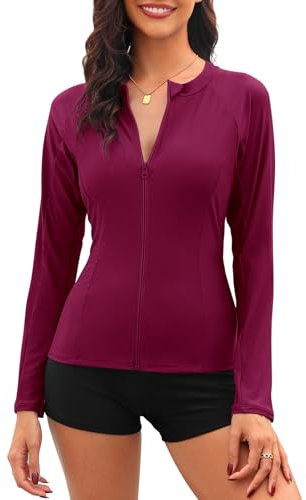 Tuopuda Camiseta de natación para Mujer Traje de baño de Manga Larga con Cremallera Camiseta de Surf Protección Solar Surf Rashguard Camisetas Deportivas de Secado Rápido(Vino,XL)