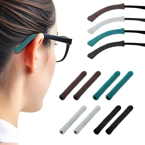 4 Pairs Anti-Slip Glasses Ear Grips - Soft Knitted Cotton Eyeglass Ear Cushions & Nose Pads for Eyewear, Sunglasses, Spectacles - Black, Navy Blue, Brown, Light Gray