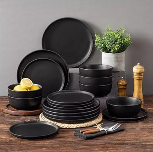 Waterside 18pc Solid Black Colour Stoneware Dinner Set; 6 Dinner Plates, Side Plates and Deep Bowls - Dishwasher & Microwave Safe