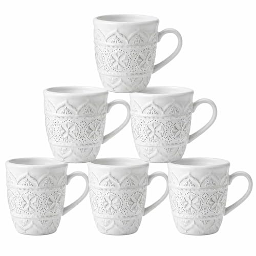 AiXception Embossed Ceramic Coffee Mug Set, 15 oz Large Vintage Bohemian Style Tea Cup with Moroccan Floral Pattern, Handmade Feel Porcelain, Creamy White, 13.5x9.5x11 cm, Set of 6