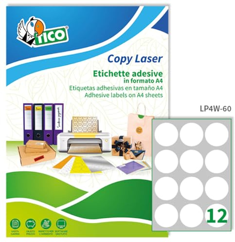 Tico Italia LP4W-60 Etichette adesive bianche multiuso, 100 fogli A4, rotonde diam 60mm, 12 etichette per foglio, adesivo permanente, stampanti laser e inkjet