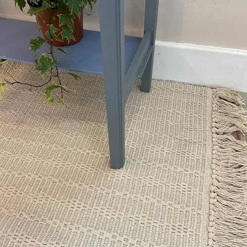 Second Nature Online Tarkarli Baumwollteppich Helle Cremefarbe, Muster im indischen Stil mit Fransen - 60 cm x 90 cm