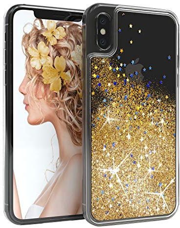 EAZY CASE Hülle kompatibel mit iPhone X/XS Schutzhülle mit Flüssig-Glitzer Handyhülle, Schutzhülle, Back Cover mit Glitter Flüssigkeit, aus TPU/Silikon, Transparent/Durchsichtig, Gold