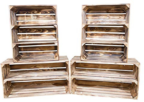 Vinterior DIY Set (4 Kisten) Gemischtes Paket Flambierte Holzkisten-Weinkisten / Regal aus geflammten Obstkisten mit Zwischenboden -quer-