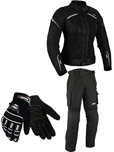 DAMEN MOTORRADKOMBI JACKE + HOSE + HANDSCHUHEN - BIKE MOTORRAD ROCKER TOURING in verschiedenen farben (S, Schwarz)