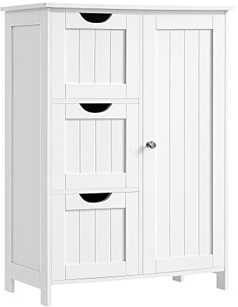 VASAGLE Badezimmerschrank, schmaler Badschrank, Beistellschrank, Kommode, mit 3 Schubladen, Schranktür, verstellbare Ablage, 30 x 60 x 80 cm, wolkenweiß BBC49WT