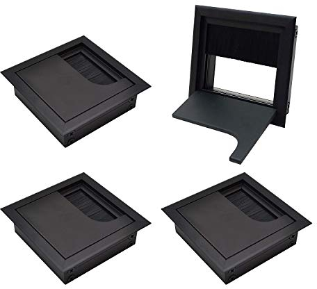 LIKERAINY Kabeldurchführung Kabeldurchlass Eckig 80x80mm mit Bürstendichtung aus Aluminium Schwarz Eloxiert zum Einfügen am Schreibtisch Kabelorganisation für Möbel Kabeldurchlass 4 Stück