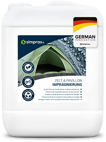 SIMPRAX® Imperméabilisant Tissu Tente Camping - Bombe Imperméabilisante Textile Bio & Résistante UV - Imperméabilisation Textile - Protection Tentes Auvents Meubles Extérieurs & Sacs - 5L