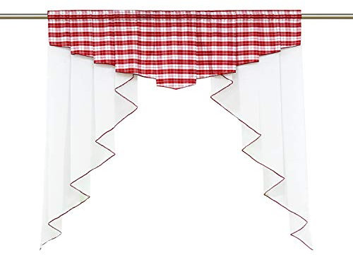 Heichkell Karierte Scheibengardine mit Tunnelzug Fensterbild in M-Bogenform Amerikanische landliche Raffgardine mit Kräuselband Vorhang Kariert Rot BxH 120x125cm