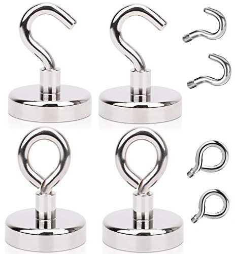 Magnethaken Stark für Grill 45 KG Neodym Magnet Haken mit 4 Ösenhaken 32 MM Magnete Mit Haken Magnetischer Haken Schwarz für Decke Schlüssel Küche Schließfächer Silber 4 Stück